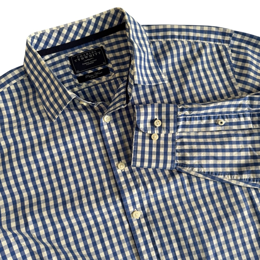 Charles Tyrwhitt XL Slim Fit‎ Blue White Gingham Poplin Button Up Men's Shirt